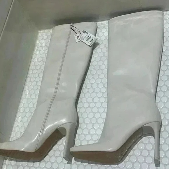 Zara Style Cream Knee-High Boots | Square Toe Block Heel | Minimal Chic Size 10 - Picture 7 of 7